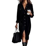 Vestido Camisero de Pana para Mujer, Estilo otoño, con Botones. Vestido Casual de Manga Larga con Cuello de Solapa y Bolsillos. (Black,M)