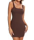SHAPERIN Vestido Bodycon Mujer Cuello Cuadrado Mini Vestidos Vestido Corto Sin Manga Fiesta Sleeveless Tank Dress Marrón S