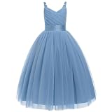 IDOPIP Vestido Largo de Princesa para Niña con Flores, Dama de Honor de Boda, Vestido de Fiesta, Bordado Floral, Encaje Elegante con Cuello en V, Azul Gris, 9-10 Years