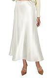 Vossmi Mujer Falda Midi de Satén Elegante A Línea Faldas Cintura Alta Largo Falda Seda Color Liso Bodycon Lápiz Oficina Informal Skirt Invierno Blanco,L
