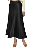 Vossmi Falda de Satén para Mujer Cintura Alta Elástica Midi Falda Casual Skirt A-Línea con Cremallera Elegante Larga Faldas de Seda Maxi Plisada Skirts Fiesta Saten Otoño Negro,M
