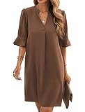 Famulily Vestido de mujer con cuello en V y mangas tres cuartos elegante de verano casual color liso S-XXL, marrón, L