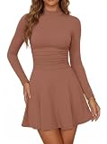 Saodimallsu Vestido corto de manga larga para mujer, marrón, S | Vestido casual,Cuello simulado,Minivestido,Cintura fruncida,Club