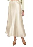 Vossmi Falda Larga Mujer Básica Satén Ajustada Skirt Midi Traje Vintage Elástico Cintura Alta Wrap Faldas Elegante Evasé Falda Media Sedosa Primavera Champán,M