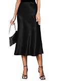 Koerye Falda de Satén para Mujer Cintura Elástica Cintura Alta Falda Elegante de Seda Maxi Faldas de Verano Falda Midi de Negocios Negro,L
