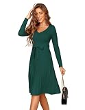 Zeagoo Vestido Invierno Mujer de Punto Básico de Manga Larga Vestidos Elegantes Cuello en V Casual A-Line Midi Vestido de Jersey Otoño con Cinturón Verde Oscuro M
