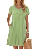 Enmain Vestidos Lino Mujer Verano Manga Corta Cuello V Verde Salvia Vestido Midi Casual Playa con Bolsillos hasta la Rodilla sin Accesorios L