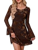 HEEKPEK Vestido Mujer Manga Larga Elegante Mini Vestido(Marrón,M) | Casual Vestido Invierno, Fiesta Mujer Elegantes,Coctel Invitada Boda Vestido,con Estampado Floral,Mangas Acampanadas