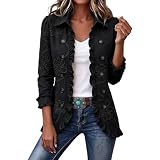 Chaqueta Blazer con Cuello Solapa para Mujer, Chaqueta de Botones con Bordado Floral y Volantes, Chaqueta Casual de Manga Larga de Color Sólido