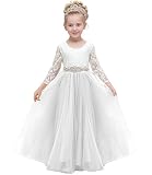 Aibaowedding Vestido de flores para niña con encaje, espalda en V, tutú, tul, princesa, vestido de fiesta con falda, primera comunión, elegante, largo, vestido de baile, Blanco, 10-11 años