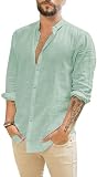 Friptspyg Hombres Camisa de Manga Larga de Algodón y Lino Corte Regular Ideal para Ocasiones de Playa y Vestir Casual Camisa de Verano, Verde Menta L