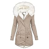L9WEI Abrigo de invierno grueso y cálido para mujer, chaqueta de entretiempo con cremallera, cómoda parka de longitud media con capucha para excursiones de vacaciones y actividades de exterior, caqui,