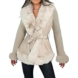 Chaqueta de ante sintético con ribete de pelo para mujer, abrigo peplum piel sintética manga larga con cinturón, parka cálida invierno en beige, talla pequeña