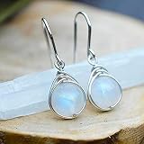 Sdouefos Pendientes de aro colgantes de plata de ley 925 con piedra lunar natural, lapislázuli, cobre, turquesa, cuarzo rosa, ónix, estilo colgante, plata de ley para mujer
