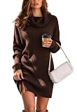 JFAN Vestido de Punto Mujer Invierno Vestidos Invierno Mujer Elegantes Mujer de Cuello Alto de Manga,Marrón,Small