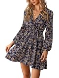 CUPSHE Vestido mini con cuello en V y estampado floral ditsy para mujer, manga larga, línea A, vestido corto con sobrefalda